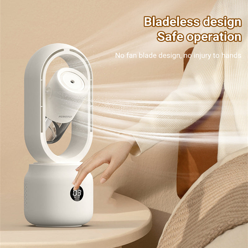 Bladeless fan with a hand reaching out to touch it, set against a neutral background.