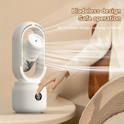 Bladeless fan with a hand reaching out to touch it, set against a neutral background.