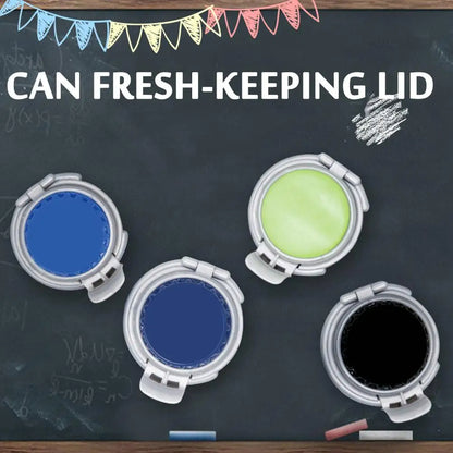 Four can fresh-keeping lids with different colored tops on a chalkboard background.