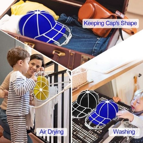 Collage of a blue cap being used, air-dried, and washed with text labels.