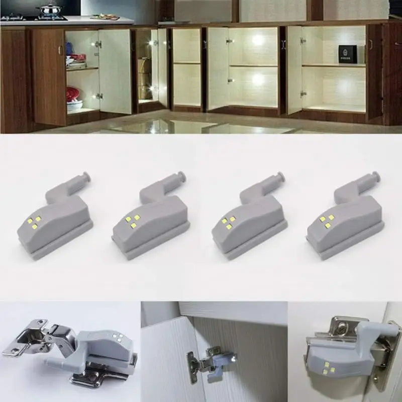 Gray cabinet door hinges with LED lights on a white background, shown in various angles.
