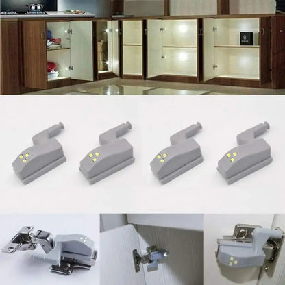 Gray cabinet door hinges with LED lights on a white background, shown in various angles.
