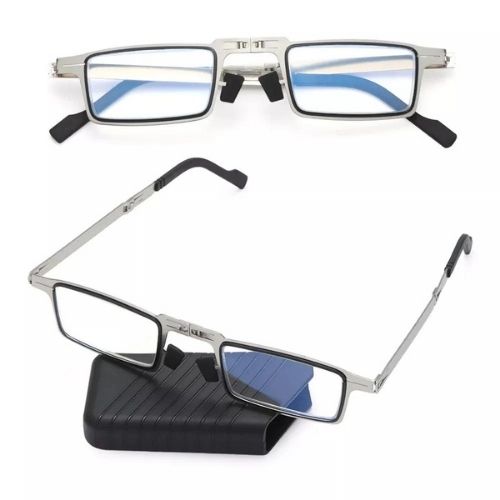 Rectangular eyeglasses with blue-tinted lenses and a black carrying case on a white background