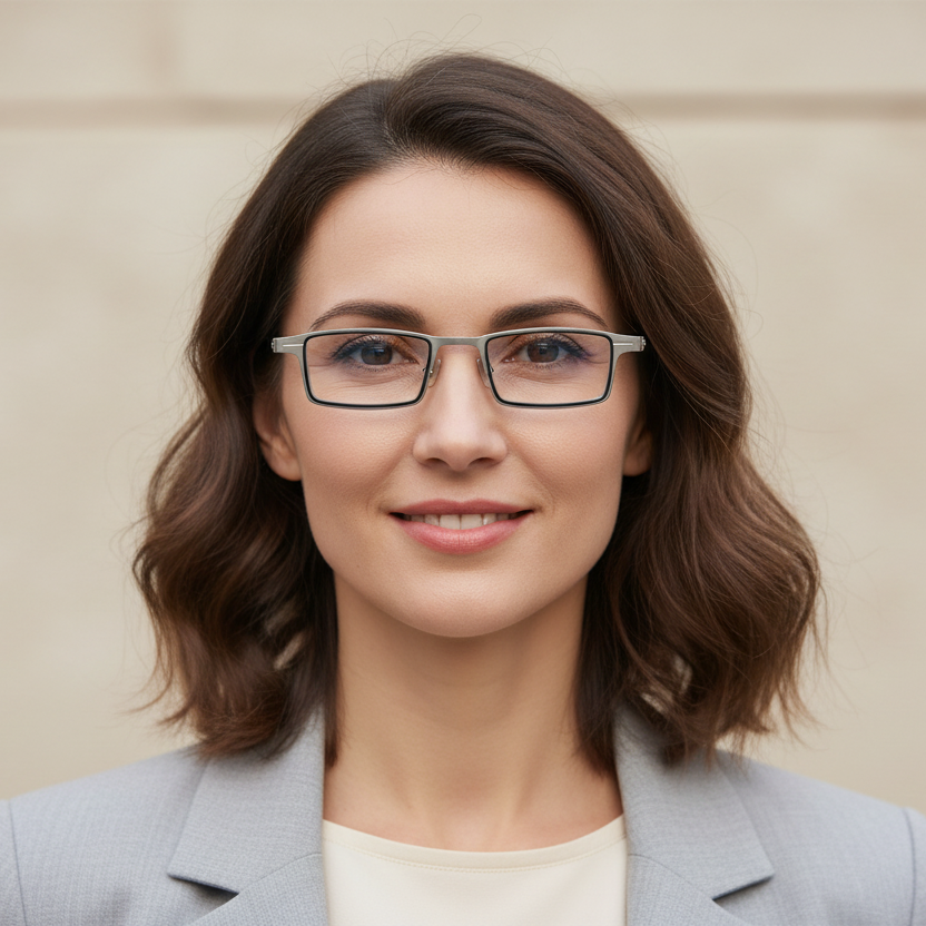 Woman wearing glasses and a gray blazer against a beige background