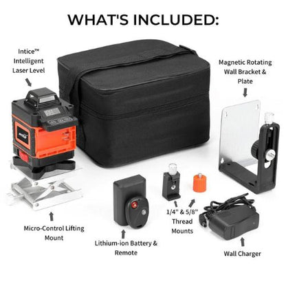 List of included items with a laser level and accessories on a white background
