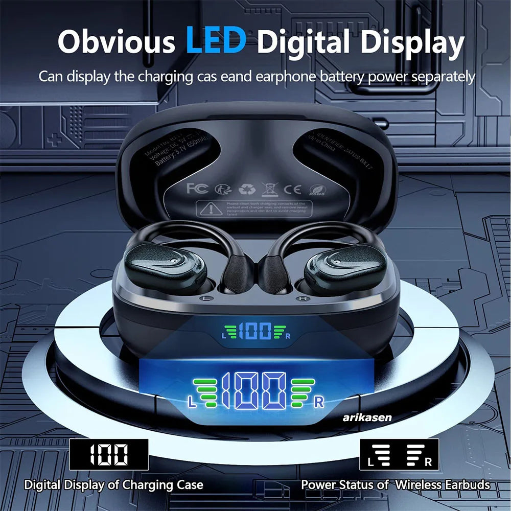 Wireless earbuds with digital display showing charging case and earbud battery power on a futuristic background.