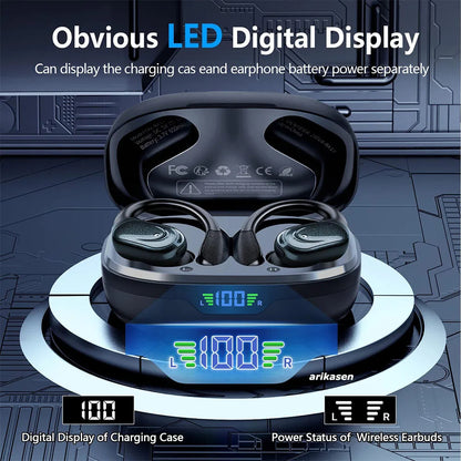 Wireless earbuds with digital display showing charging case and earbud battery power on a futuristic background.