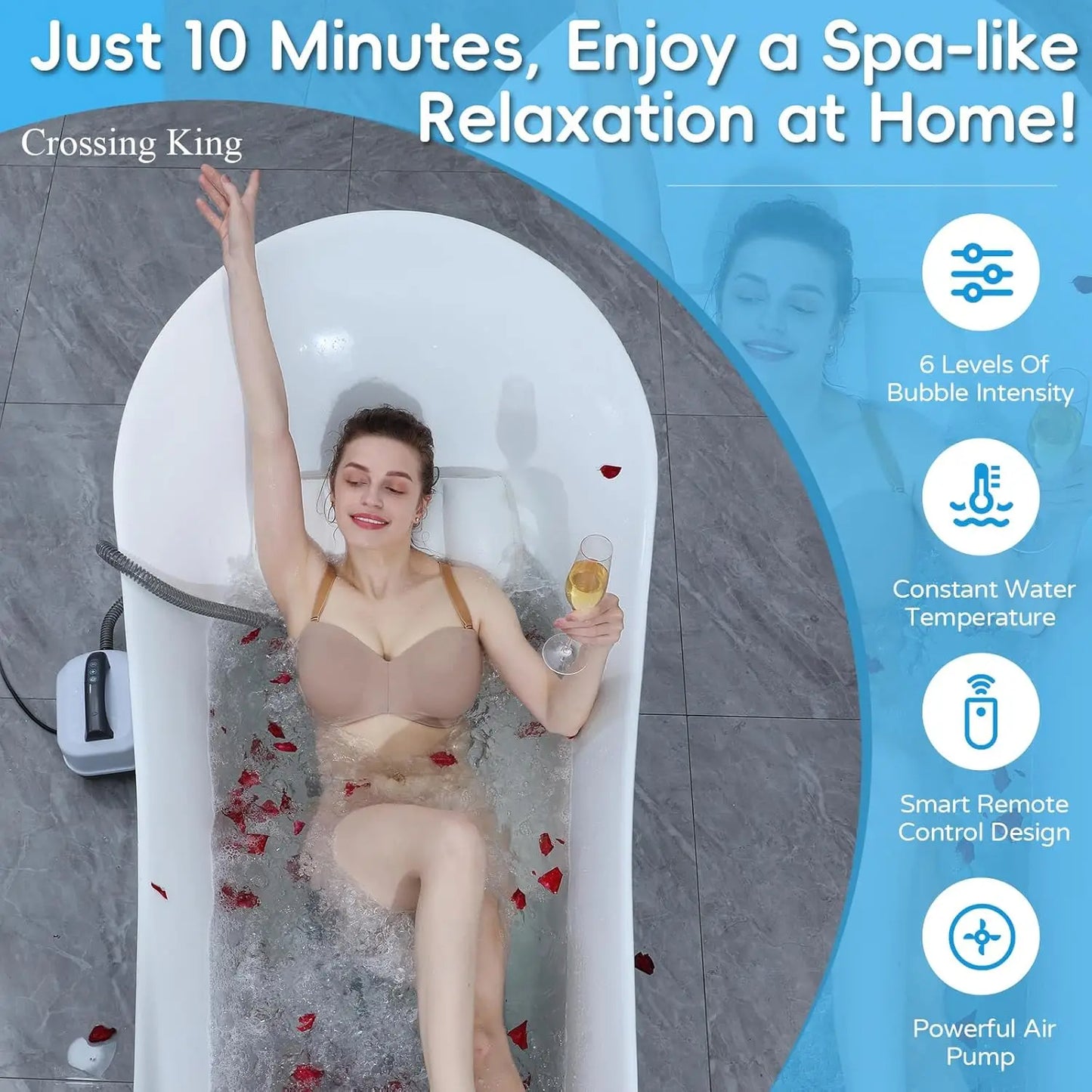 Woman relaxing in a portable bathtub with bubbles and champagne, surrounded by promotional text and icons.