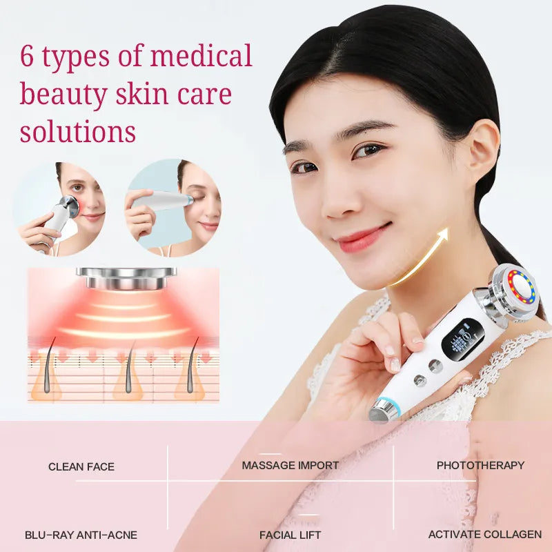 Woman using a skincare device with text on medical beauty skin care solutions.