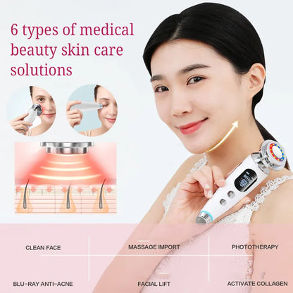 Woman using a skincare device with text on medical beauty skin care solutions.
