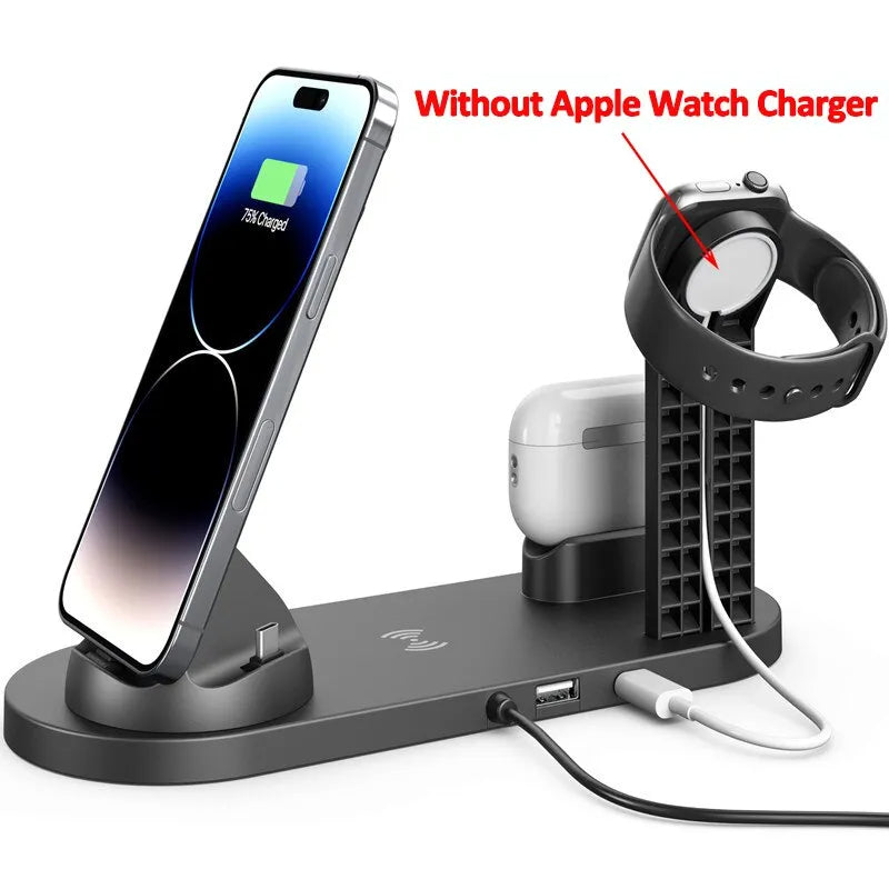 Multi-device charging station with smartphone, smartwatch, and earbuds, labeled 'Without Apple Watch Charger'.