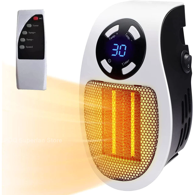 Portable heater with digital display and remote control on a white background