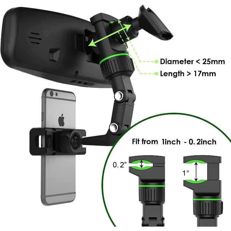 Phone mount with adjustable arm and measurements on a white background