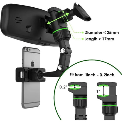 Phone mount with adjustable arm and measurements on a white background