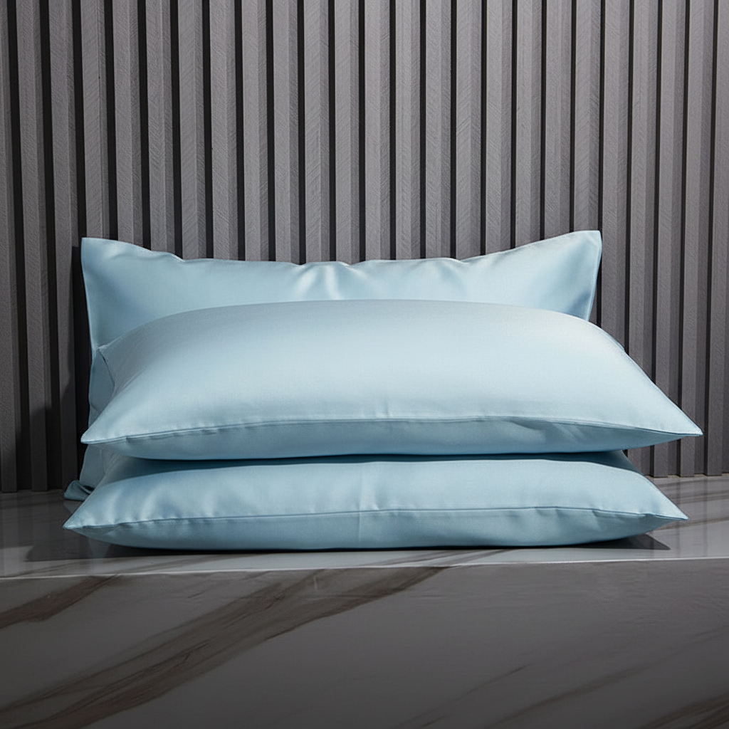 Three light blue satin pillows on a reflective surface with a striped gray background