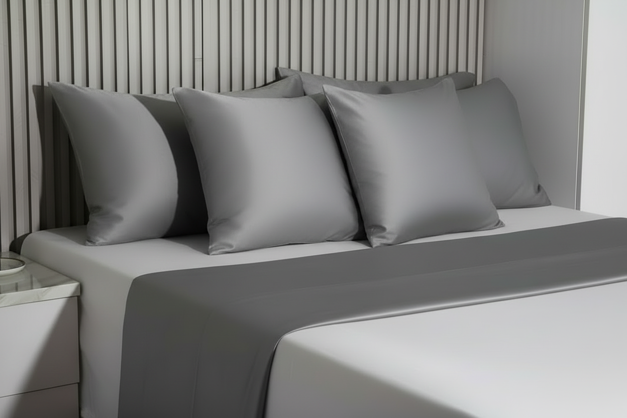 Gray bedding set on a bed with a striped headboard
