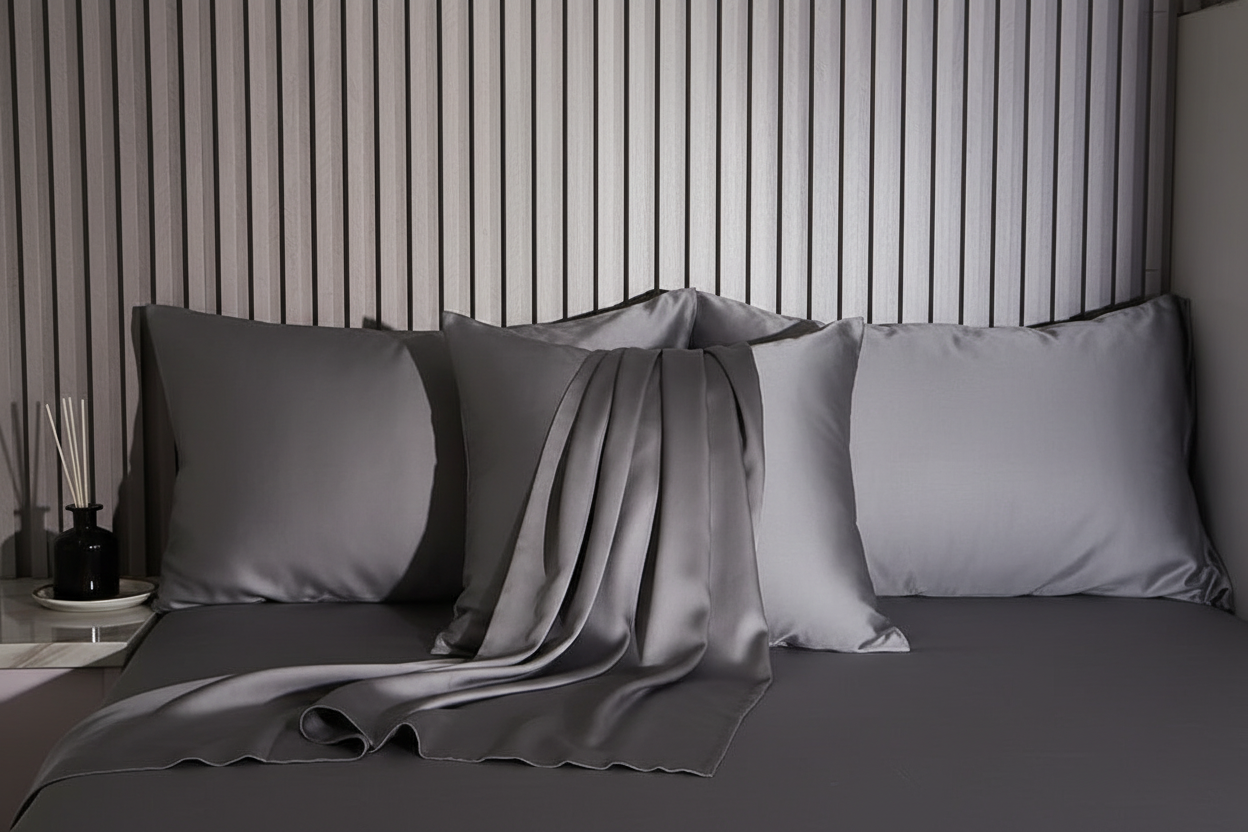 Gray bedding set on a bed with a striped wall in the background