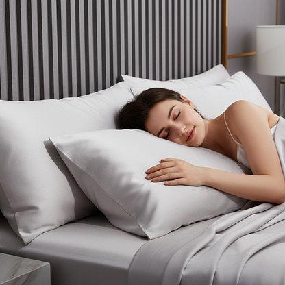 Lady sleeping comfortably on 100% Natural Mulberry Silk Pillow Cases