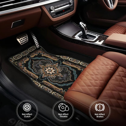 Car interior with a decorative floor mat on the driver's side