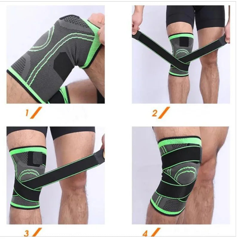Knee support brace with green accents worn by a person on a white background