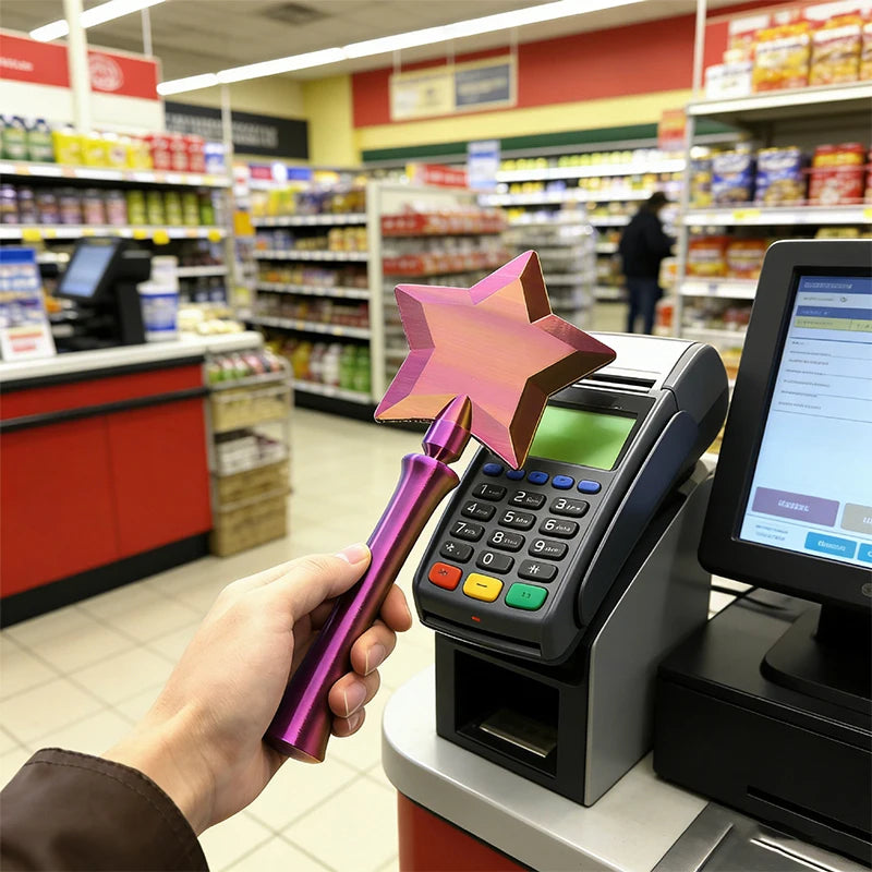 Star-shaped object held above a cash register in a grocery store.