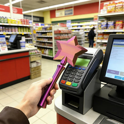 Star-shaped object held above a cash register in a grocery store.