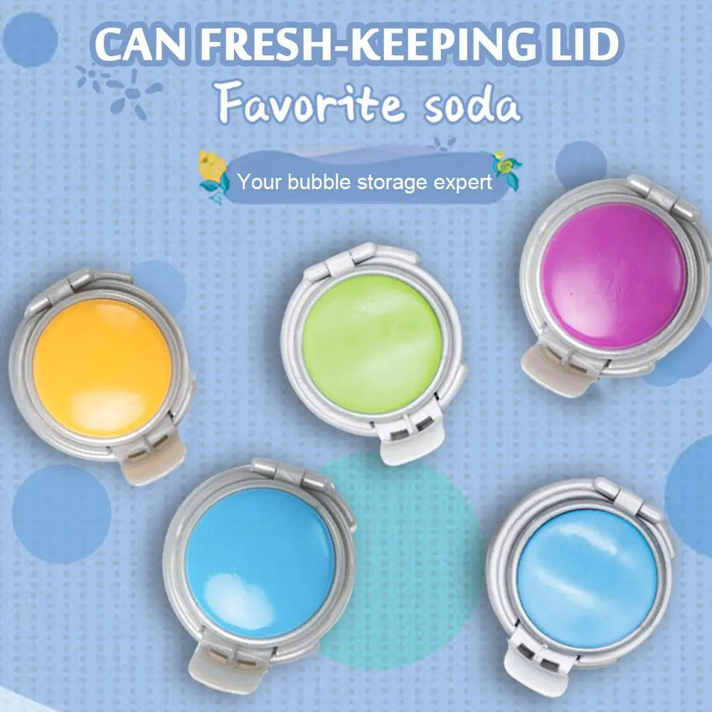 Five colorful bubble storage lids on a blue background with text about can fresh-keeping lids.