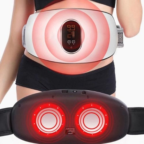 Person wearing a waist massager with glowing red lights on a white background