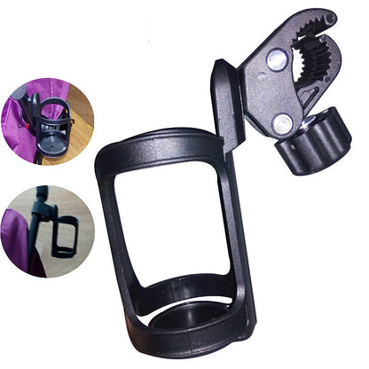 Black cup holder with adjustable clamp on a white background