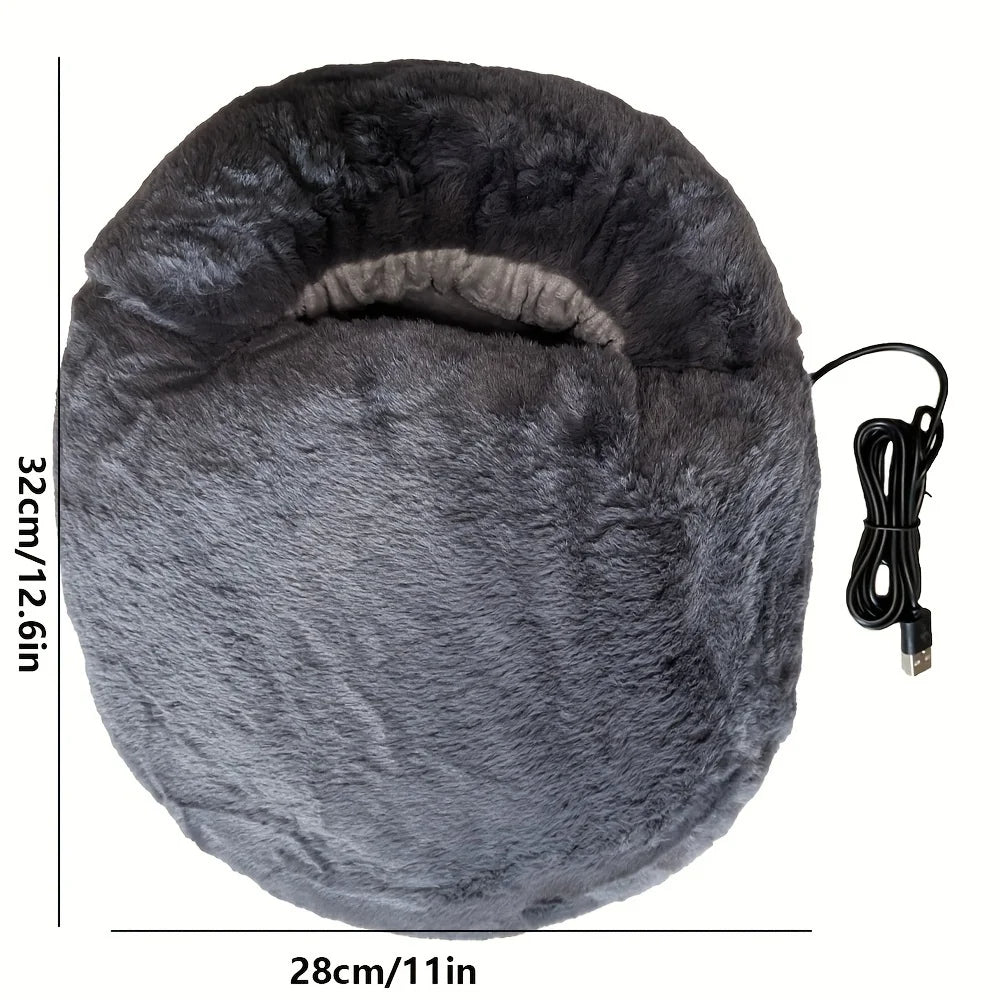 Gray heated foot massager with USB cable and measurements on a white background