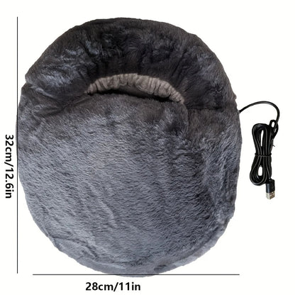 Gray heated foot massager with USB cable and measurements on a white background