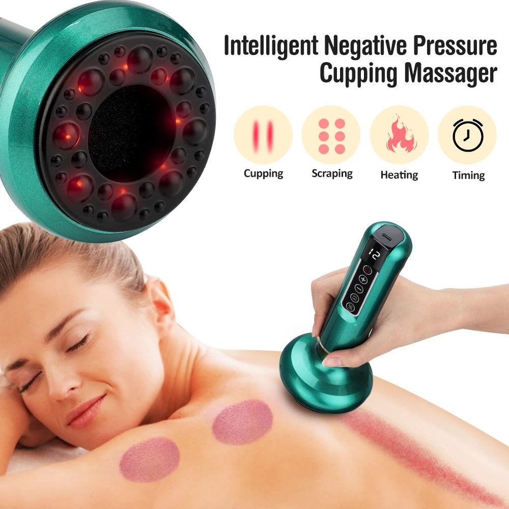 Intelligent Negative Pressure Cupping Massager being used on a person with features highlighted.