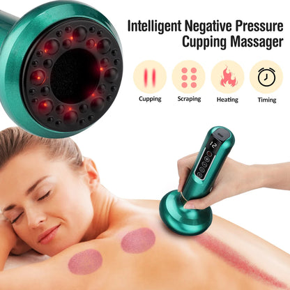 Intelligent Negative Pressure Cupping Massager being used on a person with features highlighted.