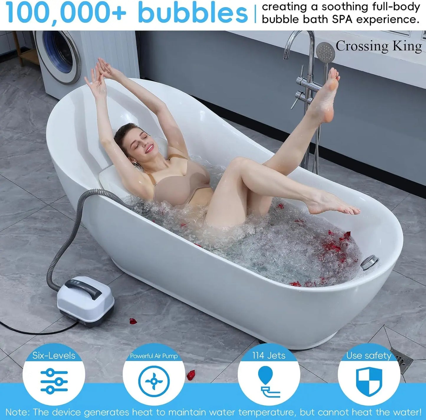 Woman relaxing in a bubble bath with a device generating bubbles, in a modern bathroom setting.