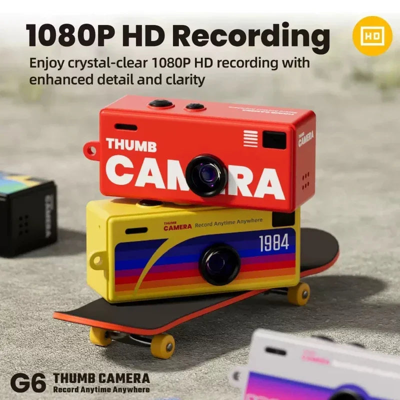 Red and yellow Thumb Camera with 1080P HD recording text on a blurred background
