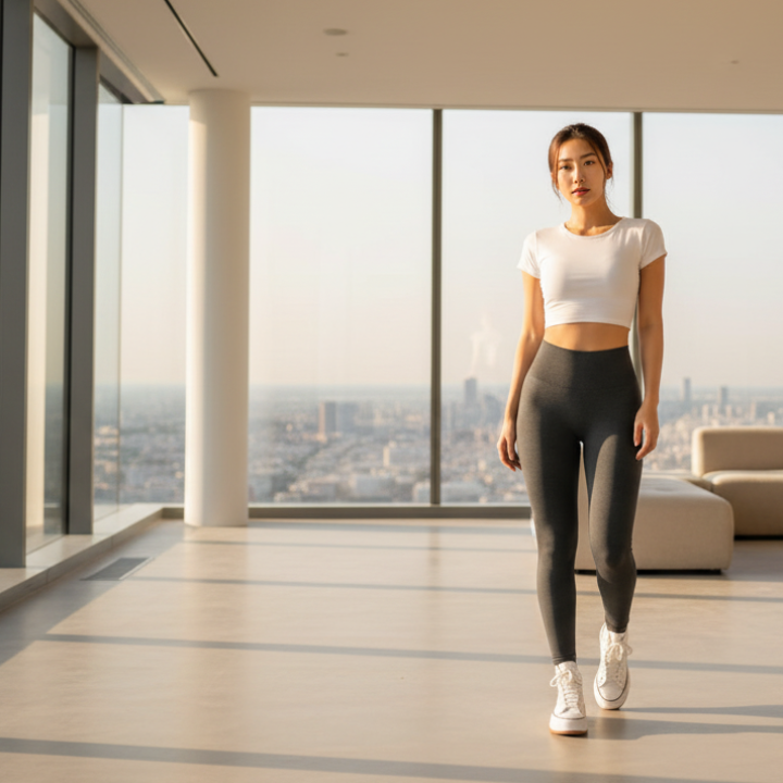 Person wearing dark gray leggings and white sneakers on a blurred outdoor background