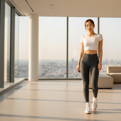 Person wearing dark gray leggings and white sneakers on a blurred outdoor background