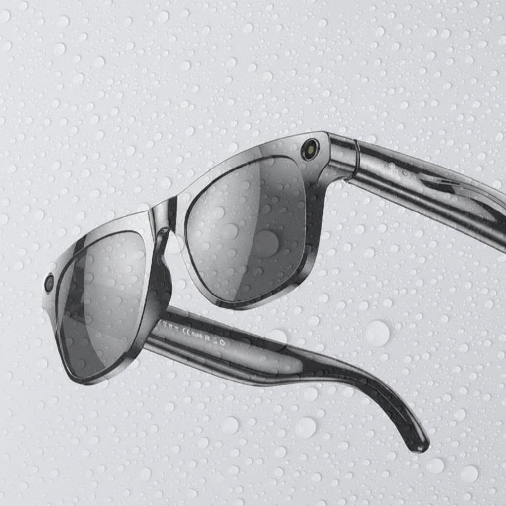 Sunglasses with water droplets on a gray background, featuring text about IP65 rating and waterproofing.