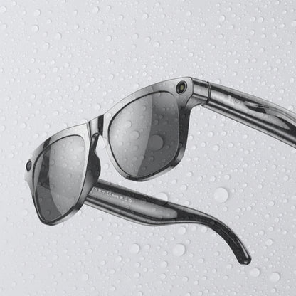 Sunglasses with water droplets on a gray background, featuring text about IP65 rating and waterproofing.