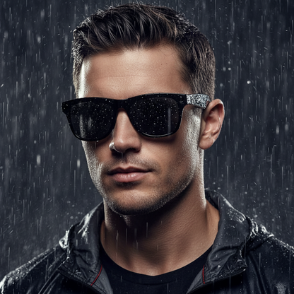 Man wearing black sunglasses and a dark jacket against a dark background