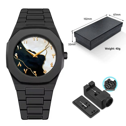 Black wristwatch with detailed face, packaging, and accessories on a white background