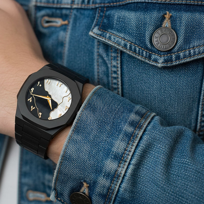 Black watch on a person's wrist with a denim jacket background