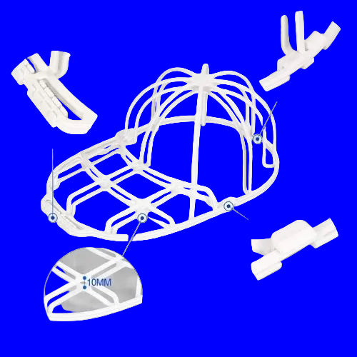 White plastic mesh with detailed views and measurements on a white background