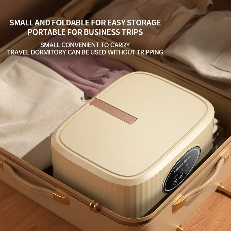 Small foldable storage container in an open suitcase with text about its portability and convenience.