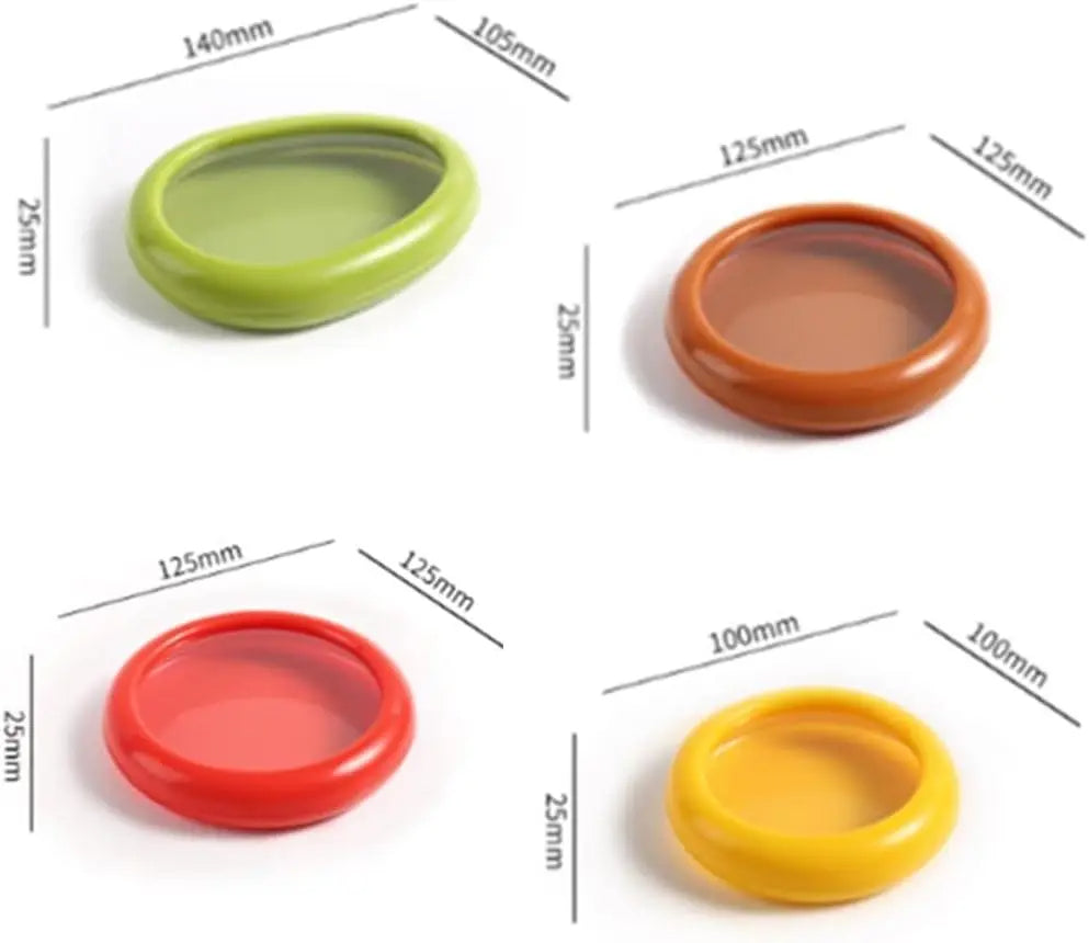 Four colorful round objects with measurements on a white background