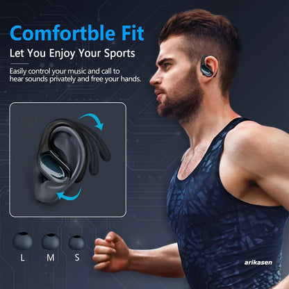 Man wearing wireless earbuds with text about comfortable fit and control features on a dark background.