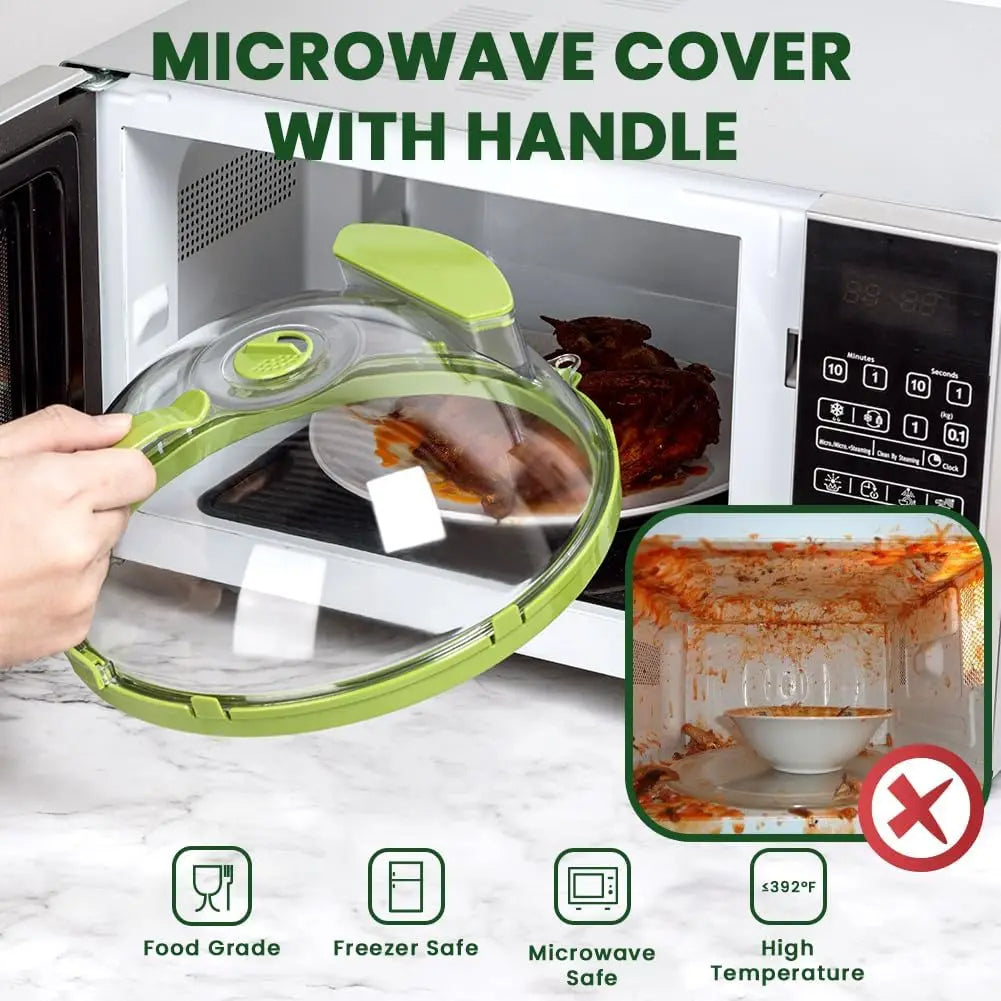 Microwave cover with handle being held above a microwave with food inside, showing before and after effects.