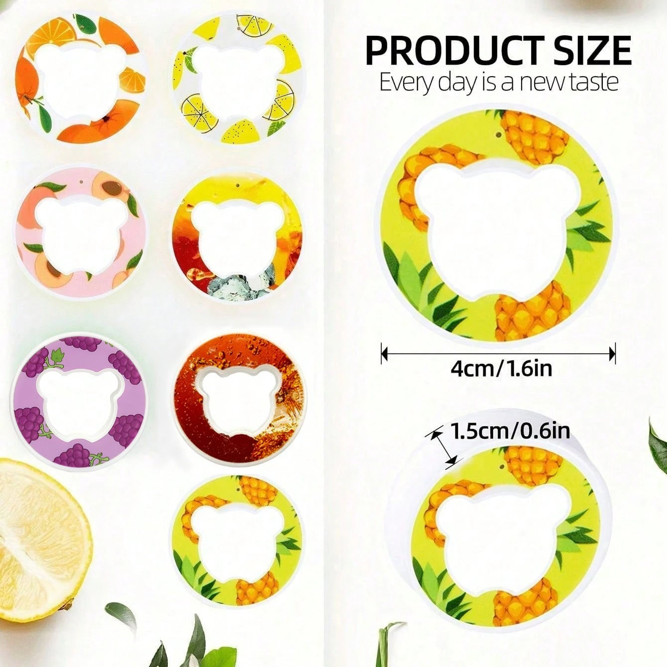 Colorful fruit-shaped bottle openers with size measurement on a white background
