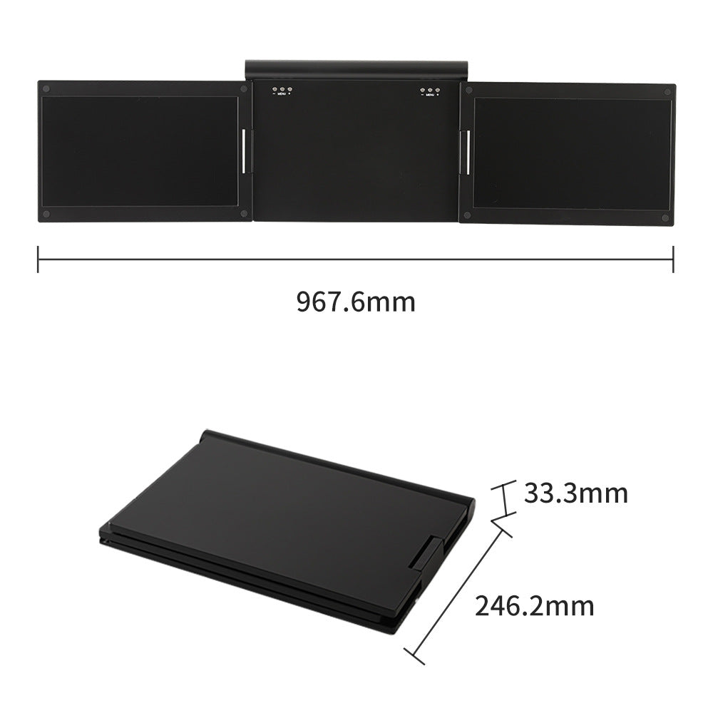 Black electronic device with dimensions labeled on a white background