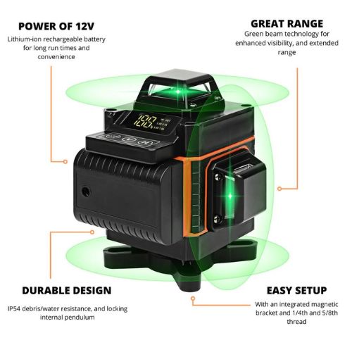 Laser level with green beam technology on a white background